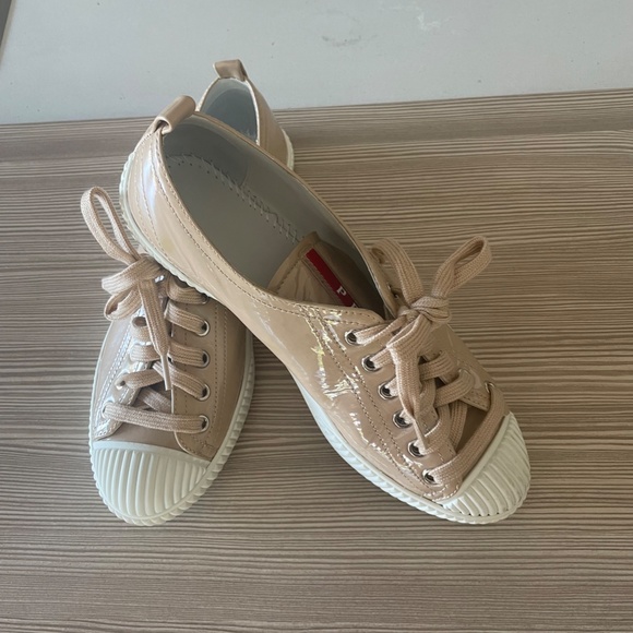 PRADA Beige Powder Patent Leather Sneakers with PRADA Dust Bag - Picture 3 of 16